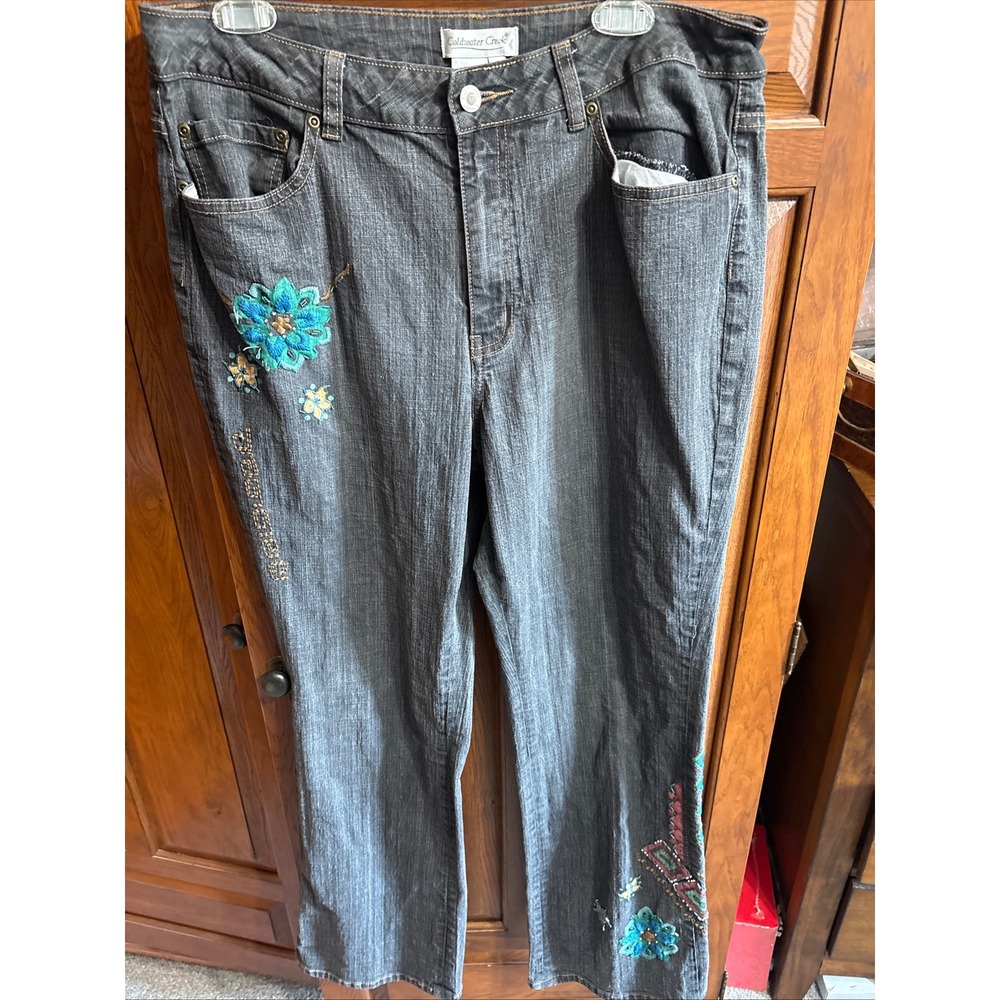 Coldwater Creek Embroidered Beaded Flare Boho Jeans Size 16 34x30.5" 12" Rise